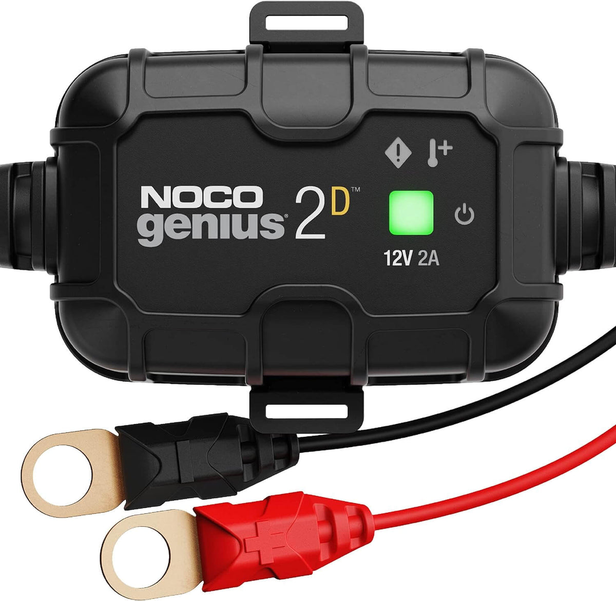 GENIUS2D NOCO 2A waterproof battery charger with ring terminal connections and LED indicator.