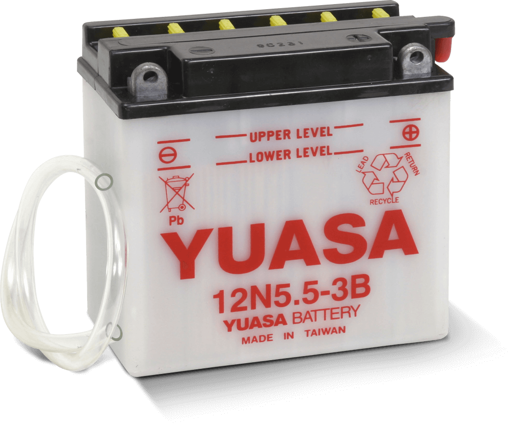 Yuasa 12N5.5-3B battery with upper and lower level indicators, made in Taiwan.