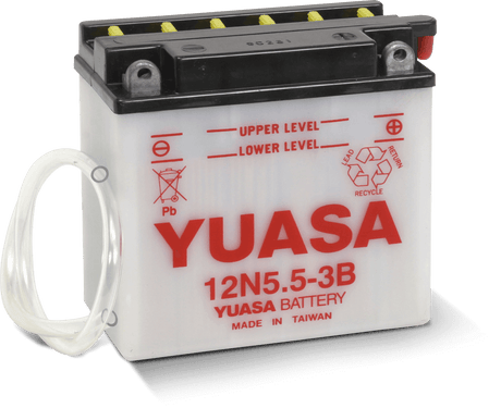 Yuasa 12N5.5-3B battery with upper and lower level indicators, made in Taiwan.